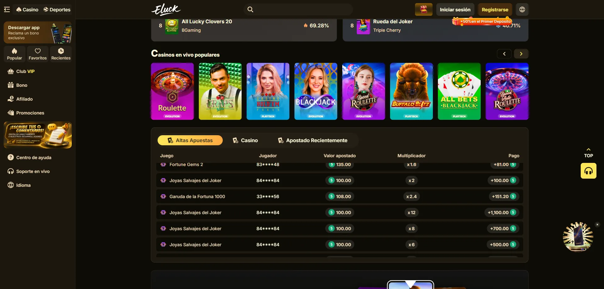 Casino en vivo Eluck con dealers reales — ruleta y blackjack